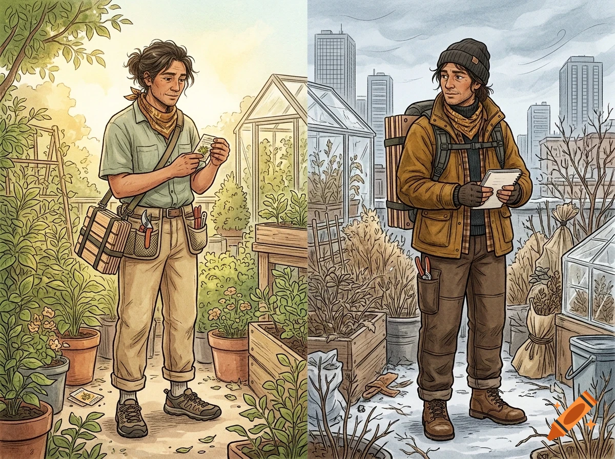 An illustration showing two contrasting views of a person in a garden setting, one in summer with lush greenery and sunlight, and the other in winter with snow and cityscape in the background.