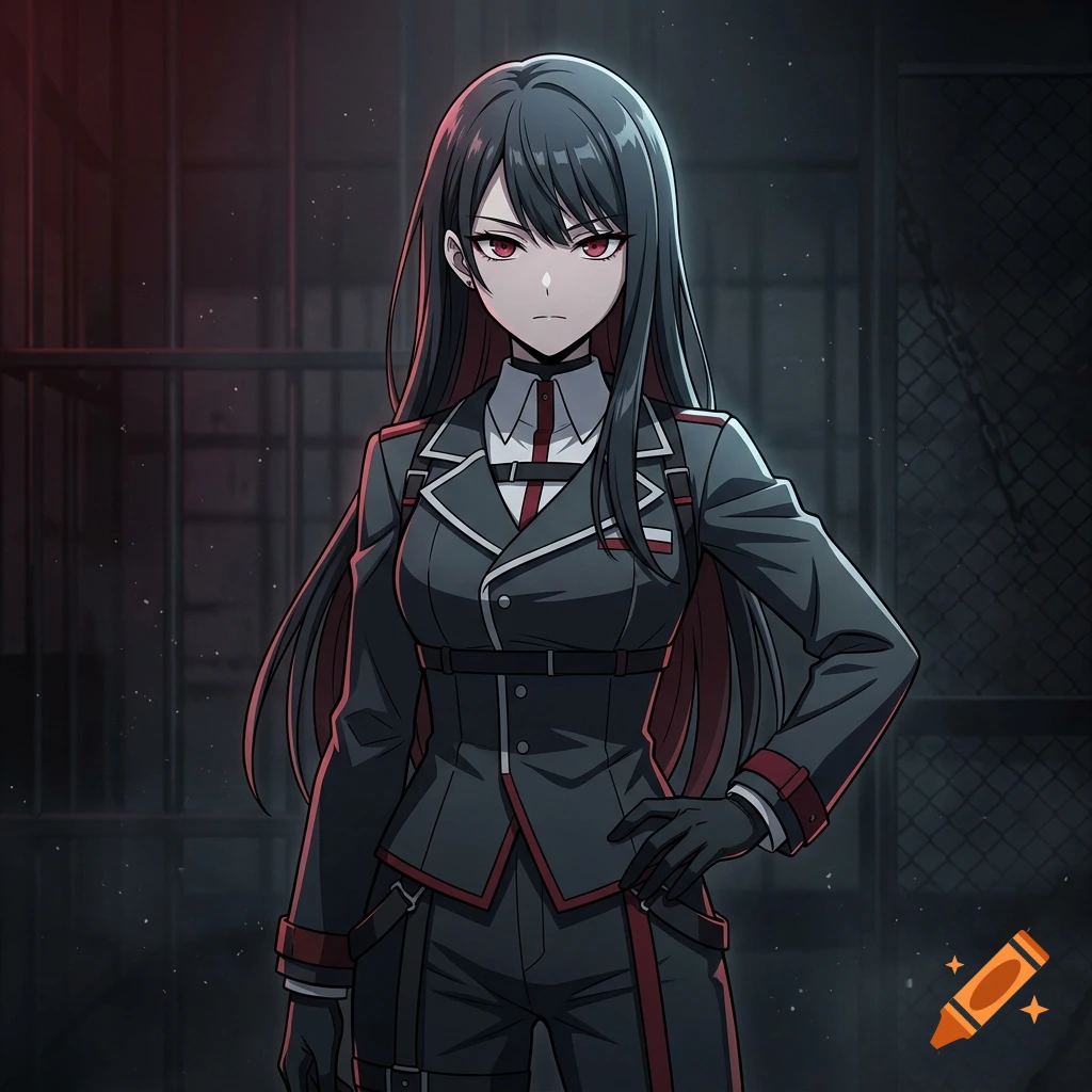 Anime illustration of a stern woman with long dark hair and red eyes, wearing a dark military-style uniform in a prison setting.