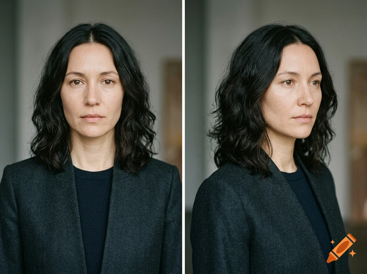 Two-panel portrait of a woman with dark wavy hair wearing a dark blazer.