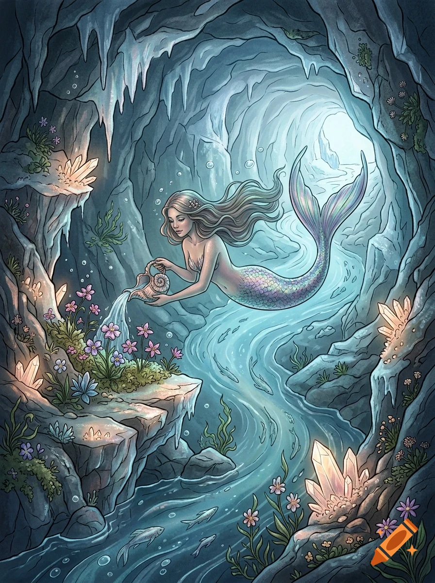 An illustration of a mermaid in an underground cavern pouring water from a shell pitcher onto glowing flowers, with crystals and small fish in the stream.