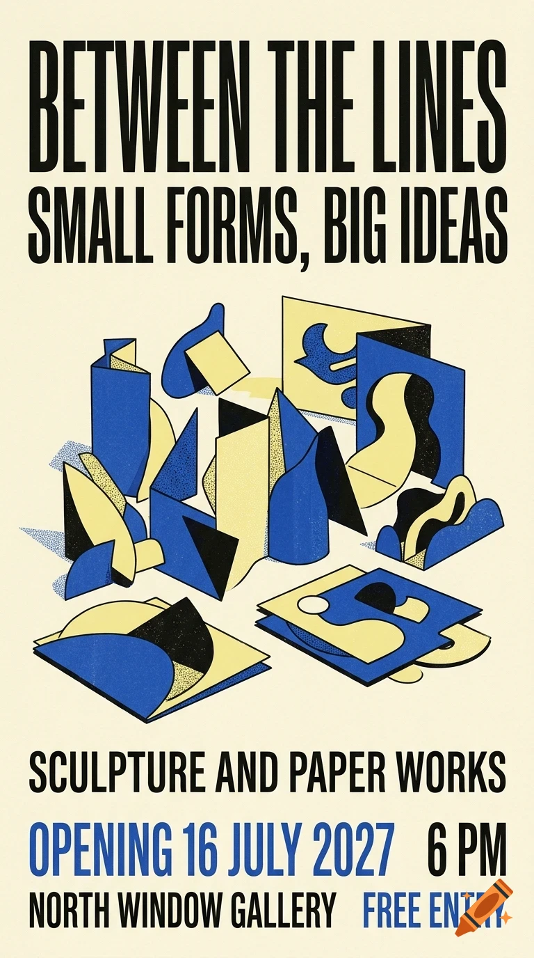 An art exhibition poster featuring abstract folded paper sculptures and lettering that reads Between the Lines Small Forms Big Ideas.