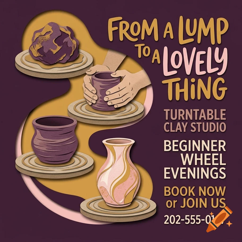 An illustrated pottery studio ad showing the creation process from a clay lump to a finished vase on a wheel, with text overlay.