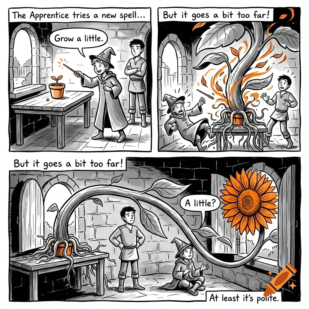 A comic strip showing a young wizard casting a growth spell on a small potted plant inside a stone tower, causing it to grow uncontrollably into a giant plant and sunflower.