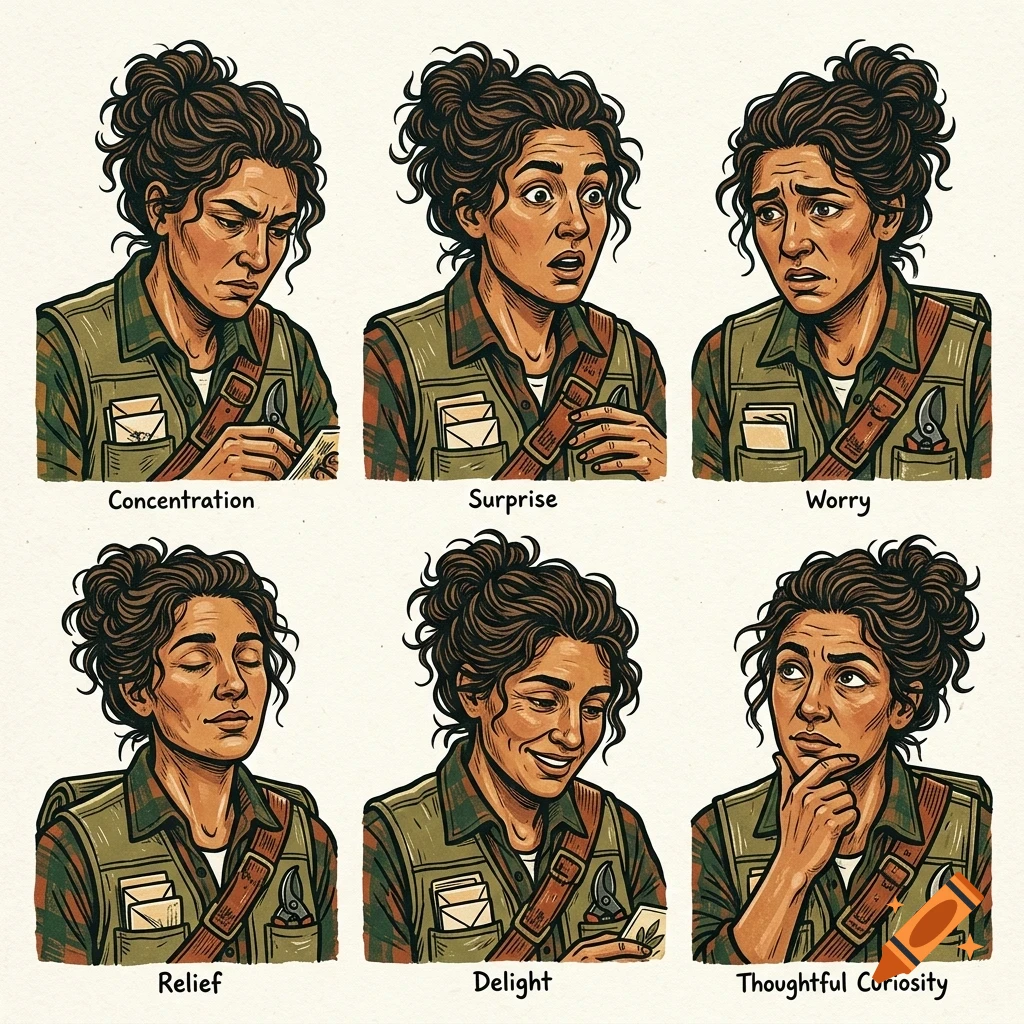 An illustrated character sheet showing a woman's face with six different emotional expressions: concentration, surprise, worry, relief, delight, and thoughtful curiosity.