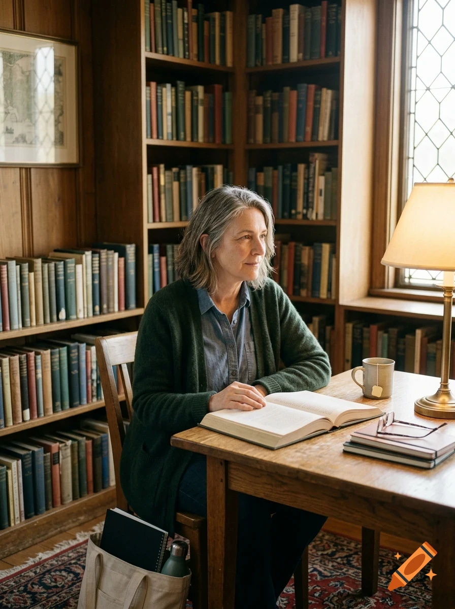 An older woman with graying hair sits at a wooden table reading a book in a library with floor-to-ceiling bookshelves.
