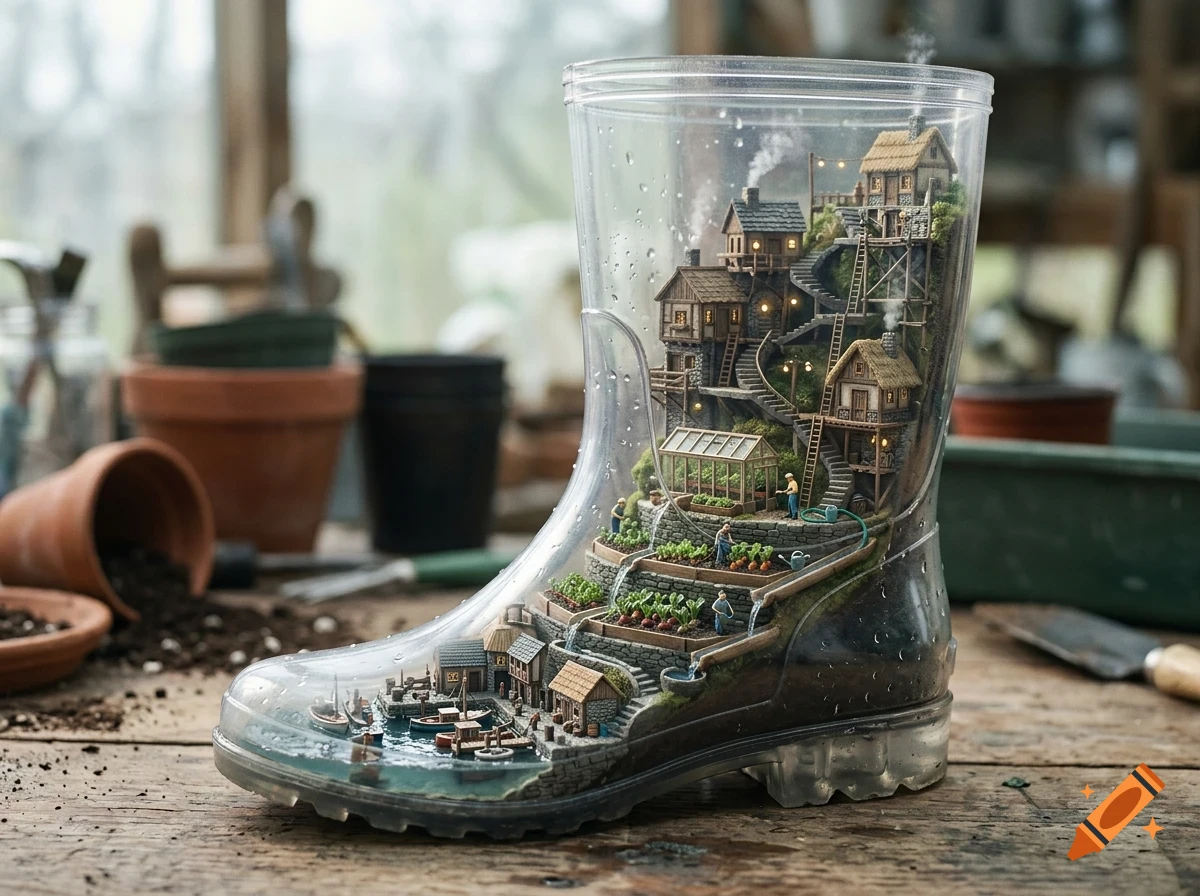 A miniature village with houses, terraced gardens, and a small harbor built inside a clear plastic rain boot resting on a wooden table.