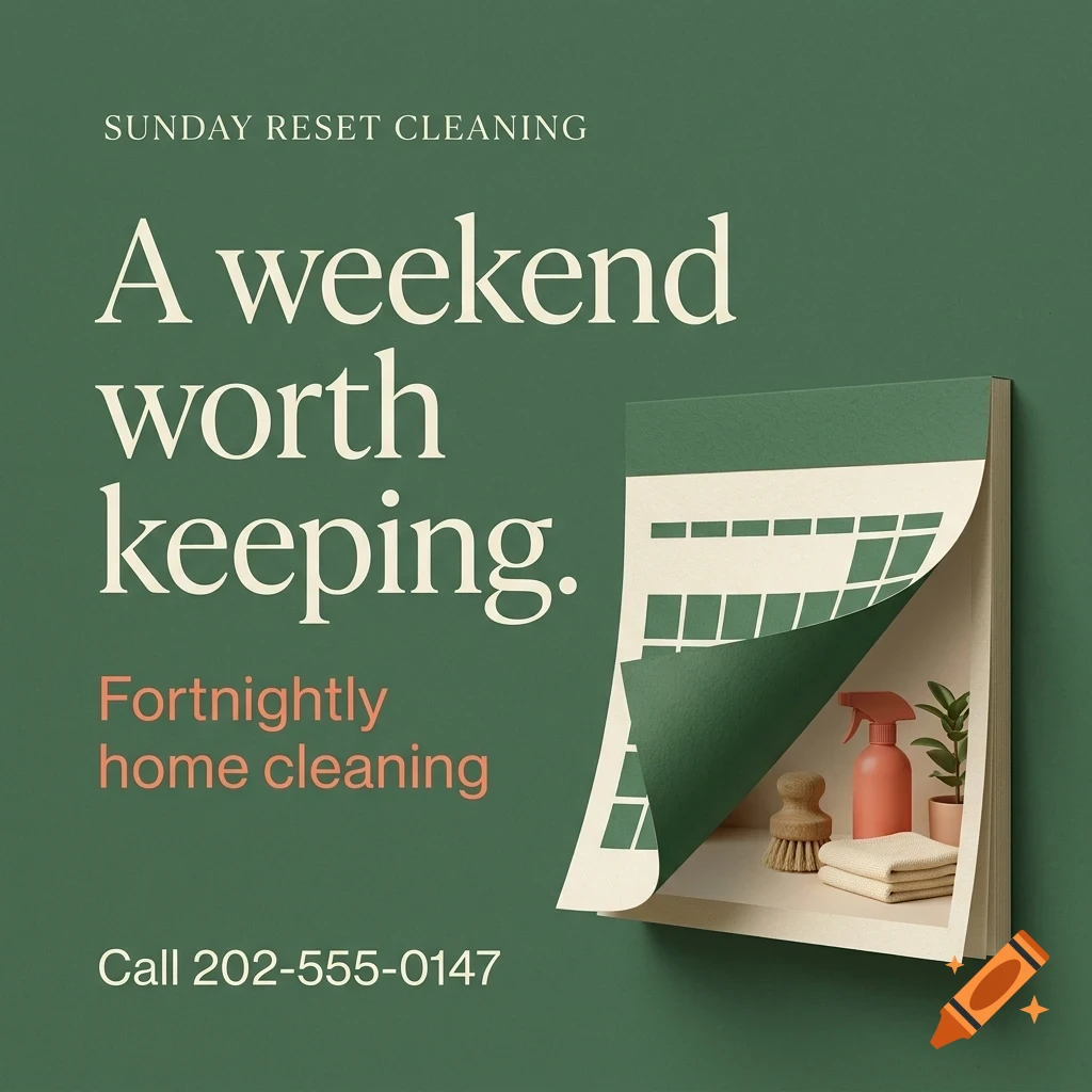 An advertisement for Sunday Reset Cleaning with text reading A weekend worth keeping and a calendar graphic containing cleaning supplies.