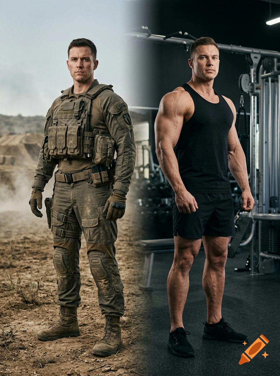 Photorealistic split-screen portrait of a U.S. Army Ranger in tactical gear on the left and a professional bodybuilder in a gym on the right.