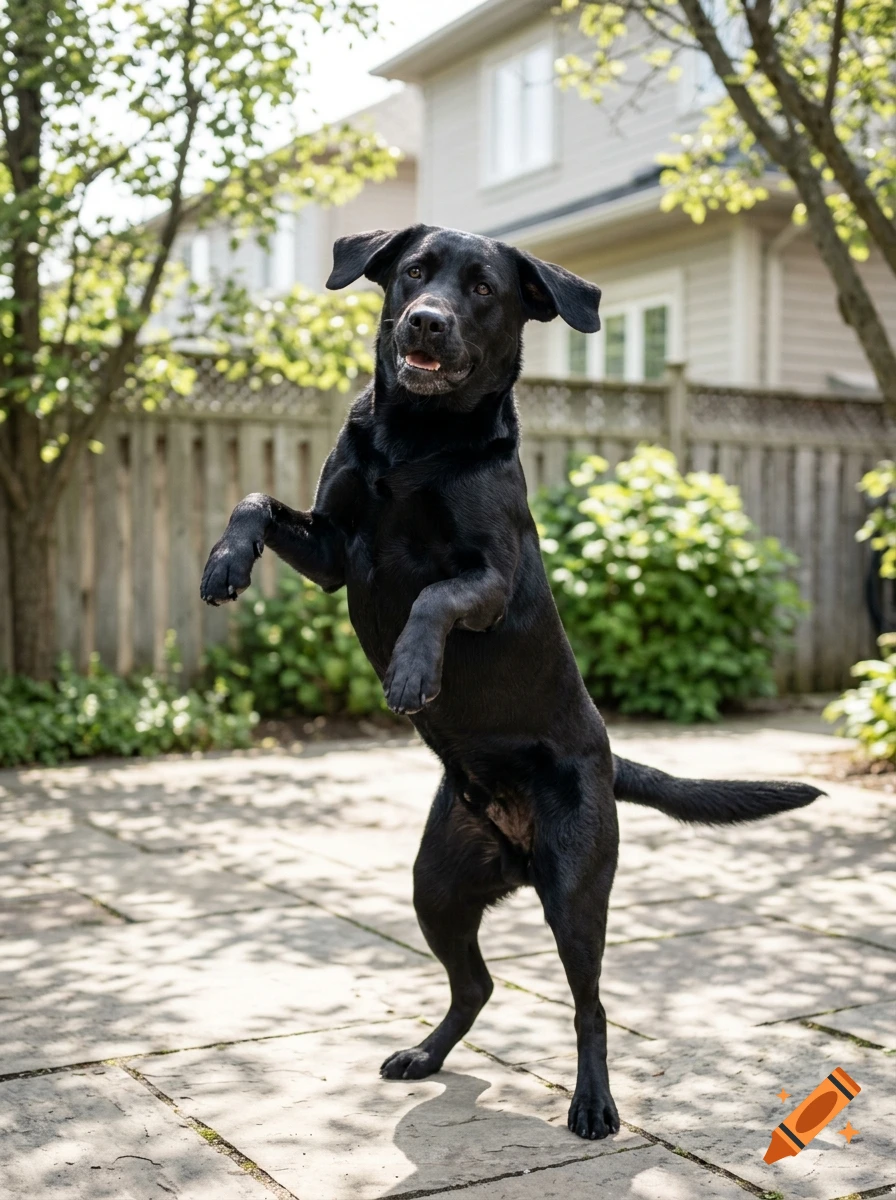 Photorealistic image of a black labrador standing on its hind legs outdoors on a patio.