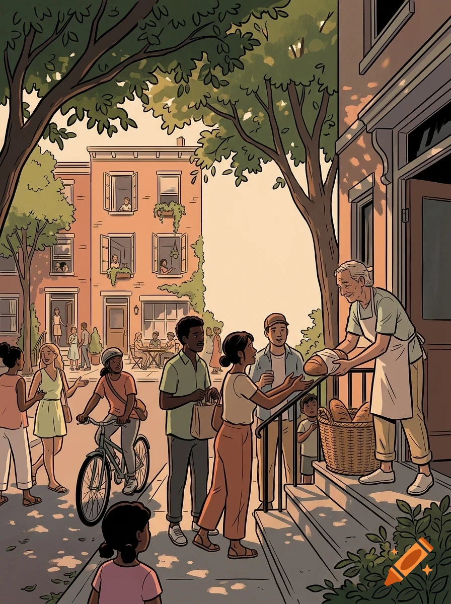An illustrated street scene where a baker hands bread to customers outside a shop, with people walking, talking, and cycling in the neighborhood.