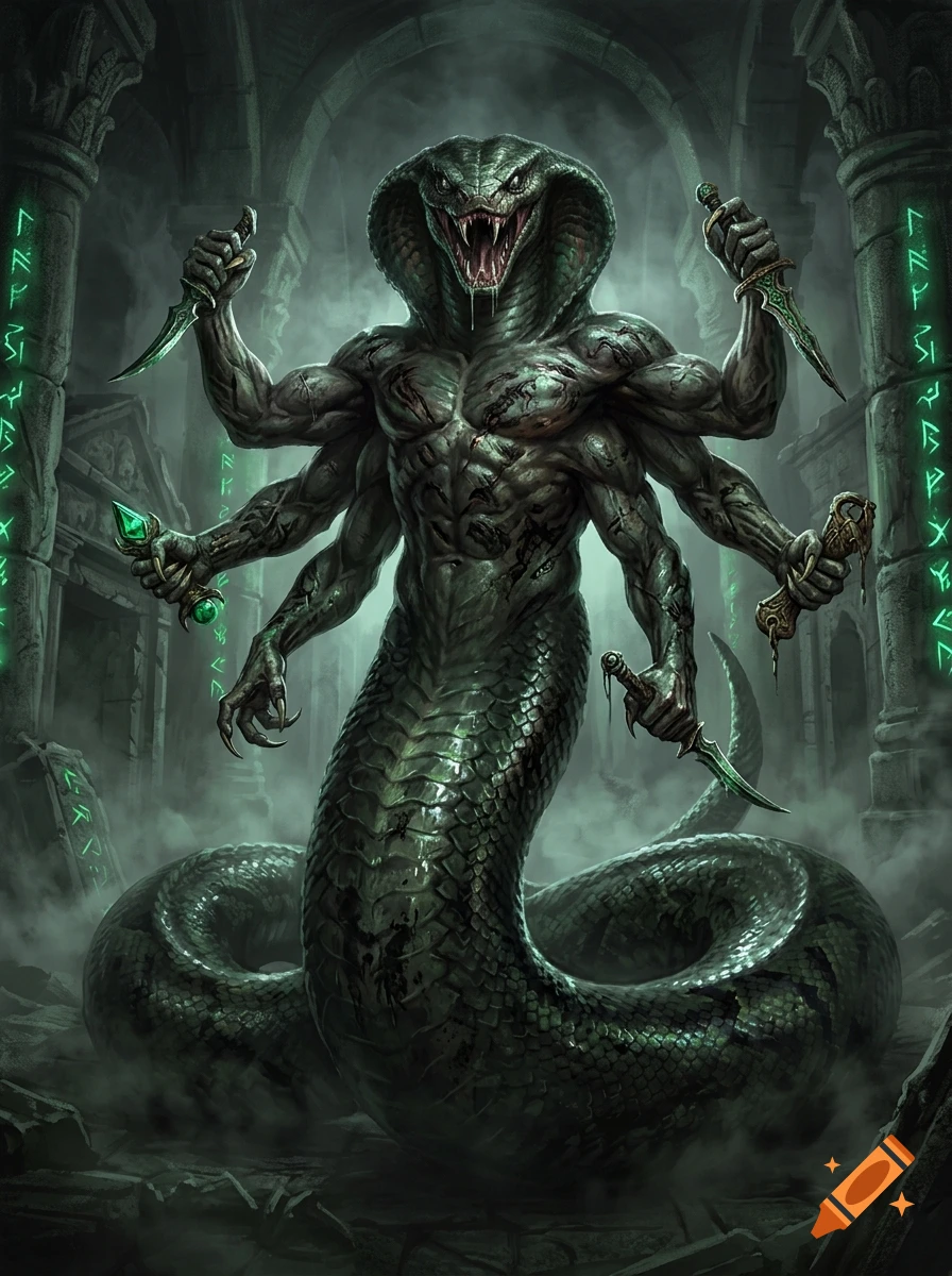 Dark fantasy concept art of a multi-armed naga humanoid with a snake head holding daggers, in a misty catacomb with glowing runes.