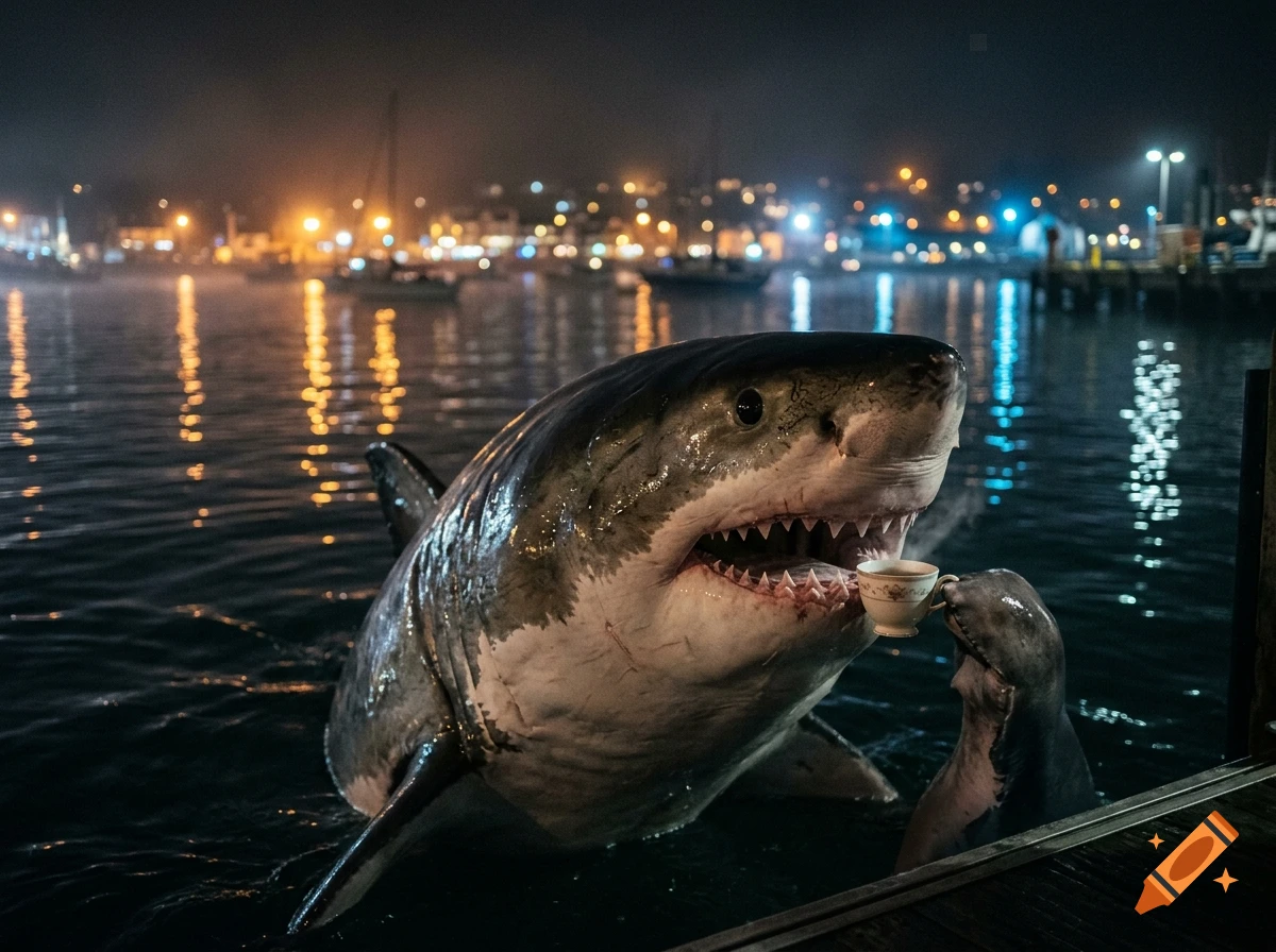 A photorealistic great white shark holding a small teacup in its mouth, interacting with another small seal-like creature in a harbor at night with bokeh lights.