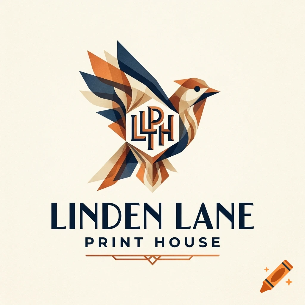 A geometric vector logo of a stylized bird with overlapping orange and dark blue shapes, featuring the letters LLPH inside a hexagon and the text LINDEN LANE PRINT HOUSE underneath.