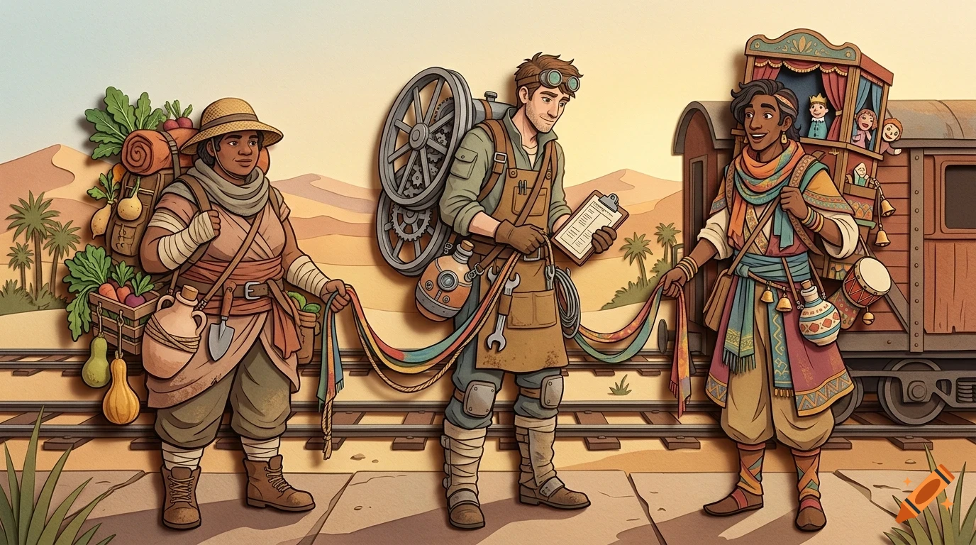 Three stylized travelers stand by railway tracks in a desert landscape, holding colorful ribbons.