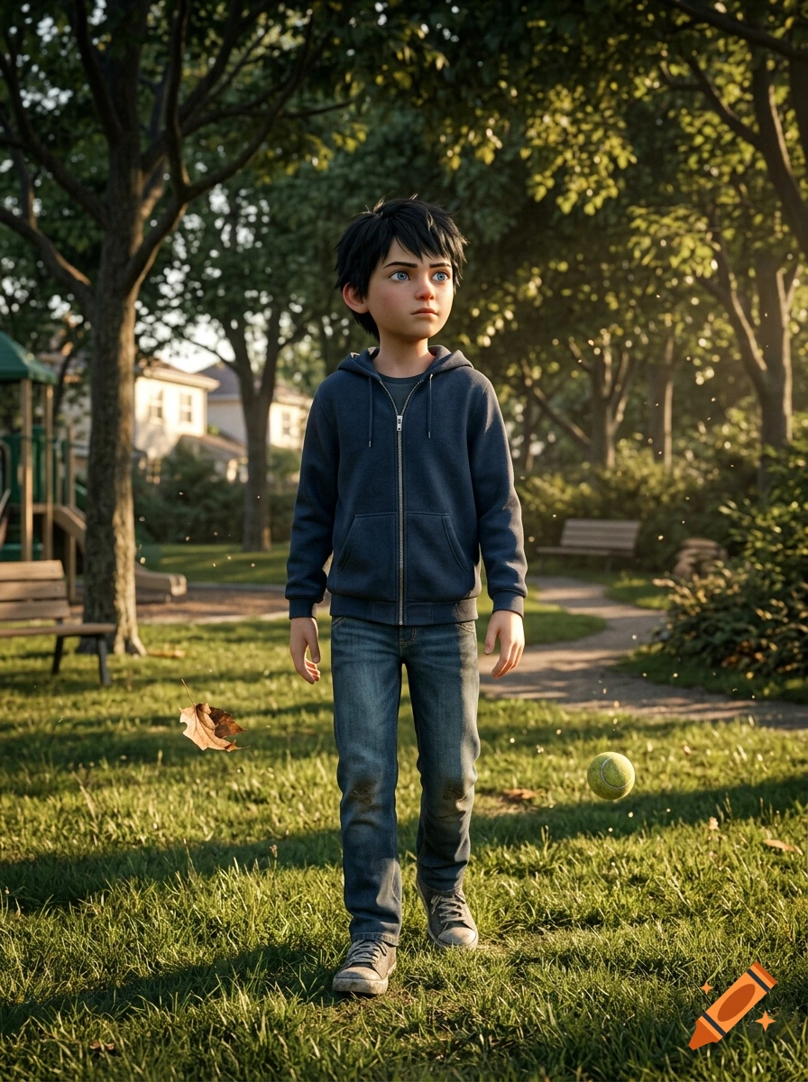 3D animated style image of a 10-year-old boy with black hair and blue eyes standing in a park, with a falling leaf and a tennis ball nearby.