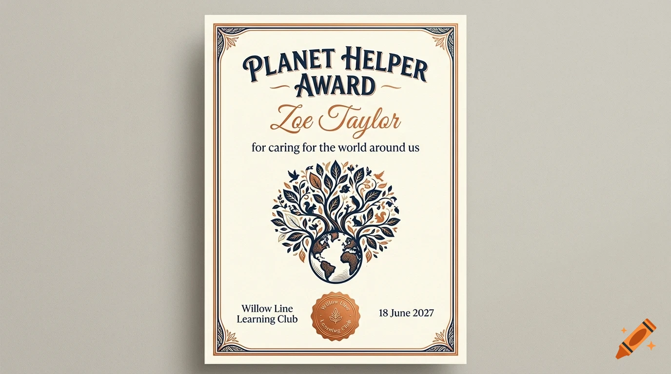 An award certificate titled Planet Helper Award featuring a globe with a growing tree and decorative borders.