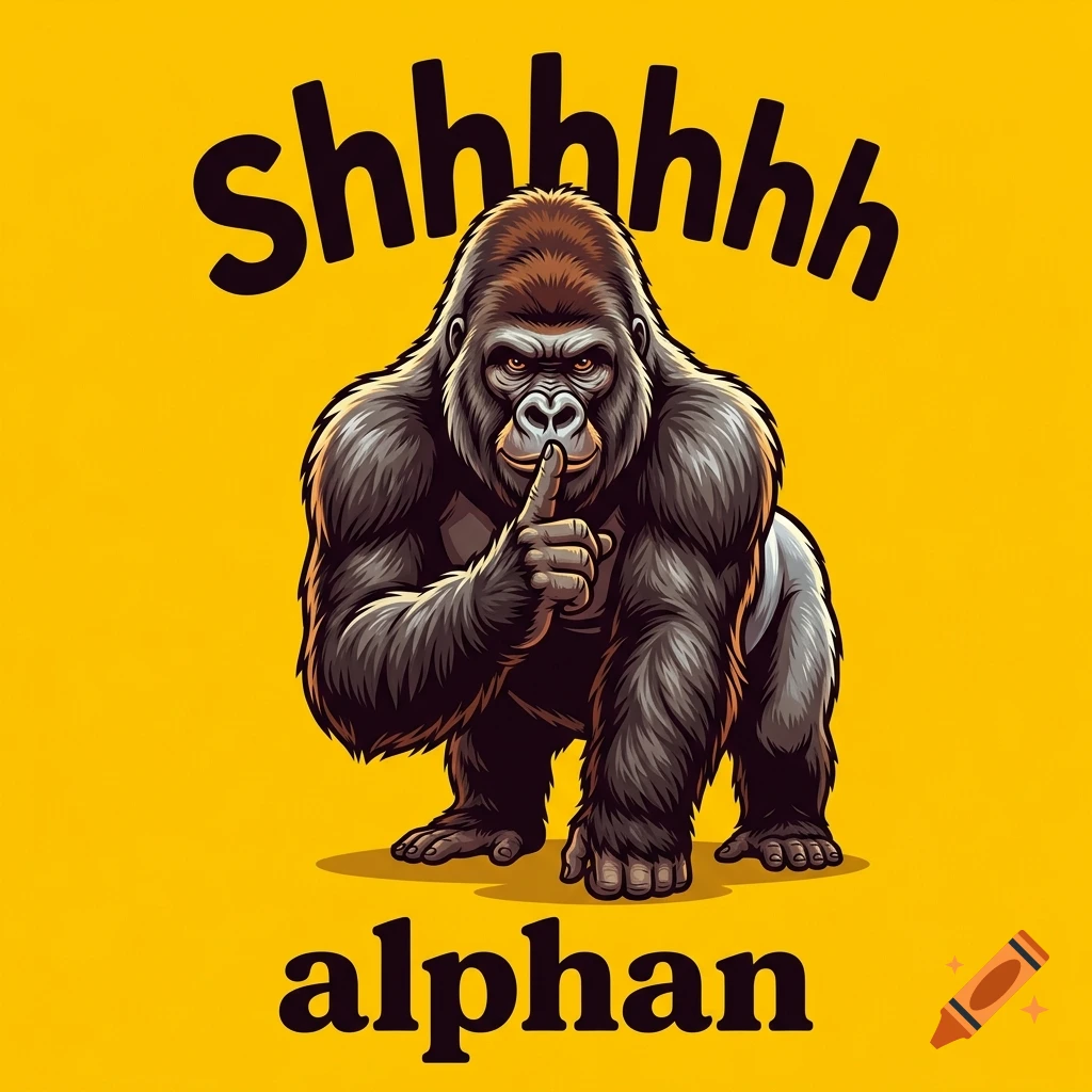 Illustration of a gorilla making a shushing gesture against a yellow background, with text above and below.