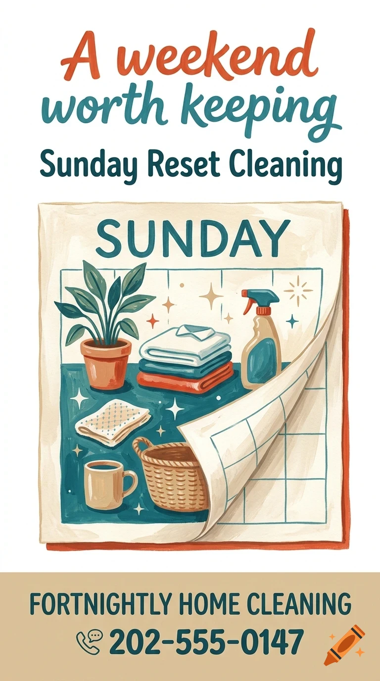 An illustrated cleaning poster featuring a calendar showing Sunday, a potted plant, folded laundry, a spray bottle, a basket, and a mug, with text reading A weekend worth keeping and Sunday Reset Cleaning.