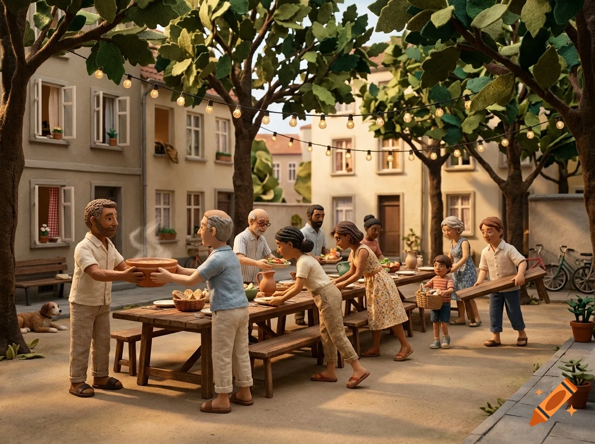 A diorama-style scene of a diverse group of people gathering outdoors in a courtyard for a meal around a long wooden table, with string lights overhead and buildings in the background.