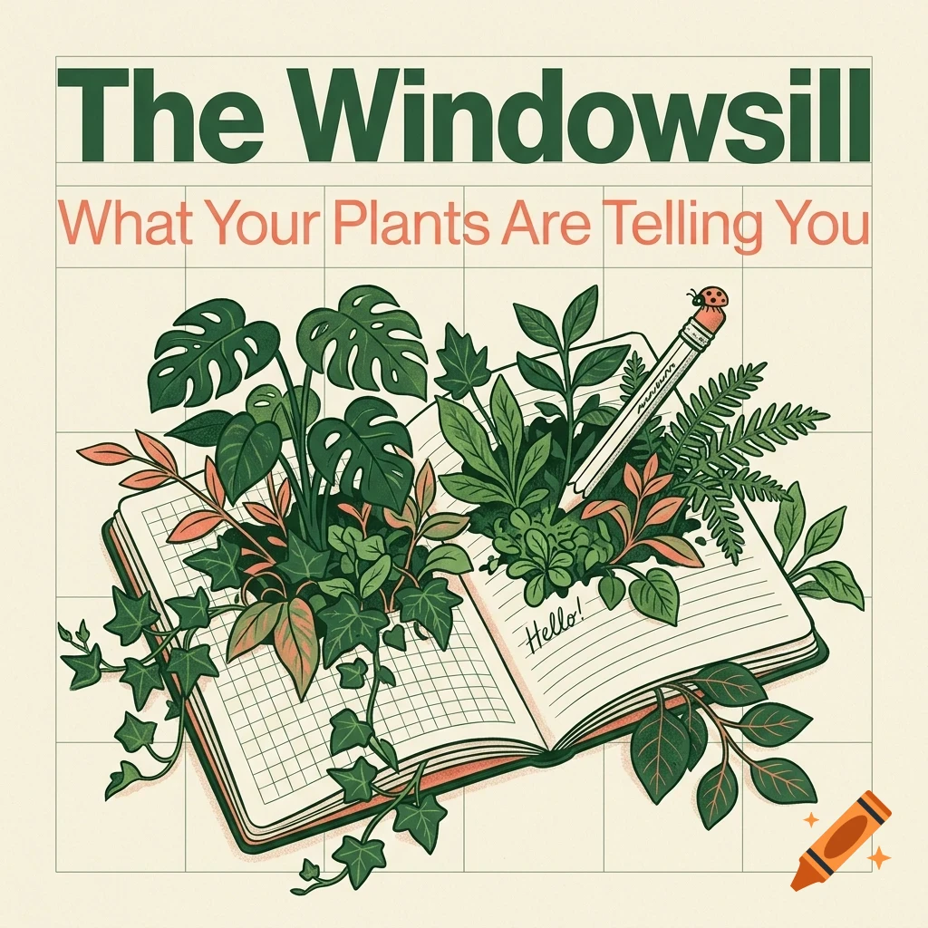 An illustration of an open notebook sprouting various green plants and vines, with a pencil and the title text 'The Windowsill'.