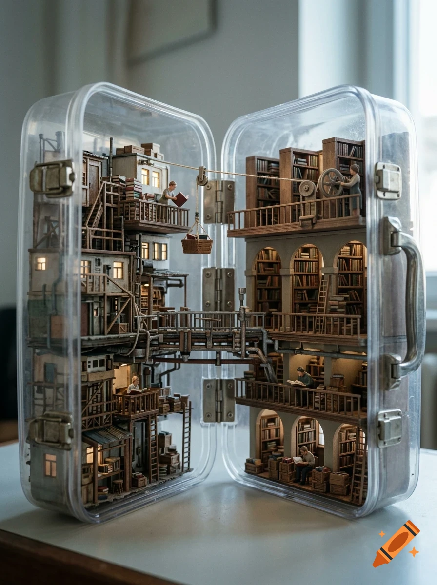 A miniature diorama inside an open plastic suitcase, depicting a multi-story library and buildings with tiny figures reading books.