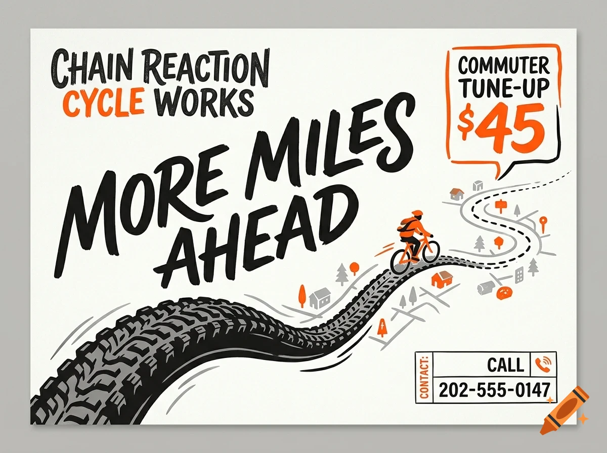 An illustrated advertisement for a bicycle shop featuring the text Chain Reaction Cycle Works, More miles ahead, Commuter tune-up $45, and a phone number, alongside a graphic of a bicycle tire forming a winding road with a cyclist.