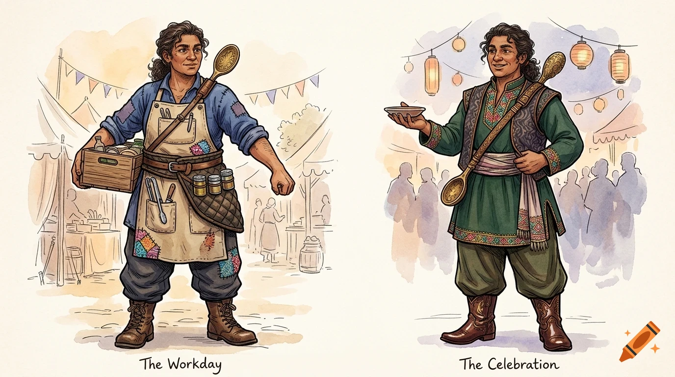 Illustration showing two depictions of a person, labeled The Workday and The Celebration.