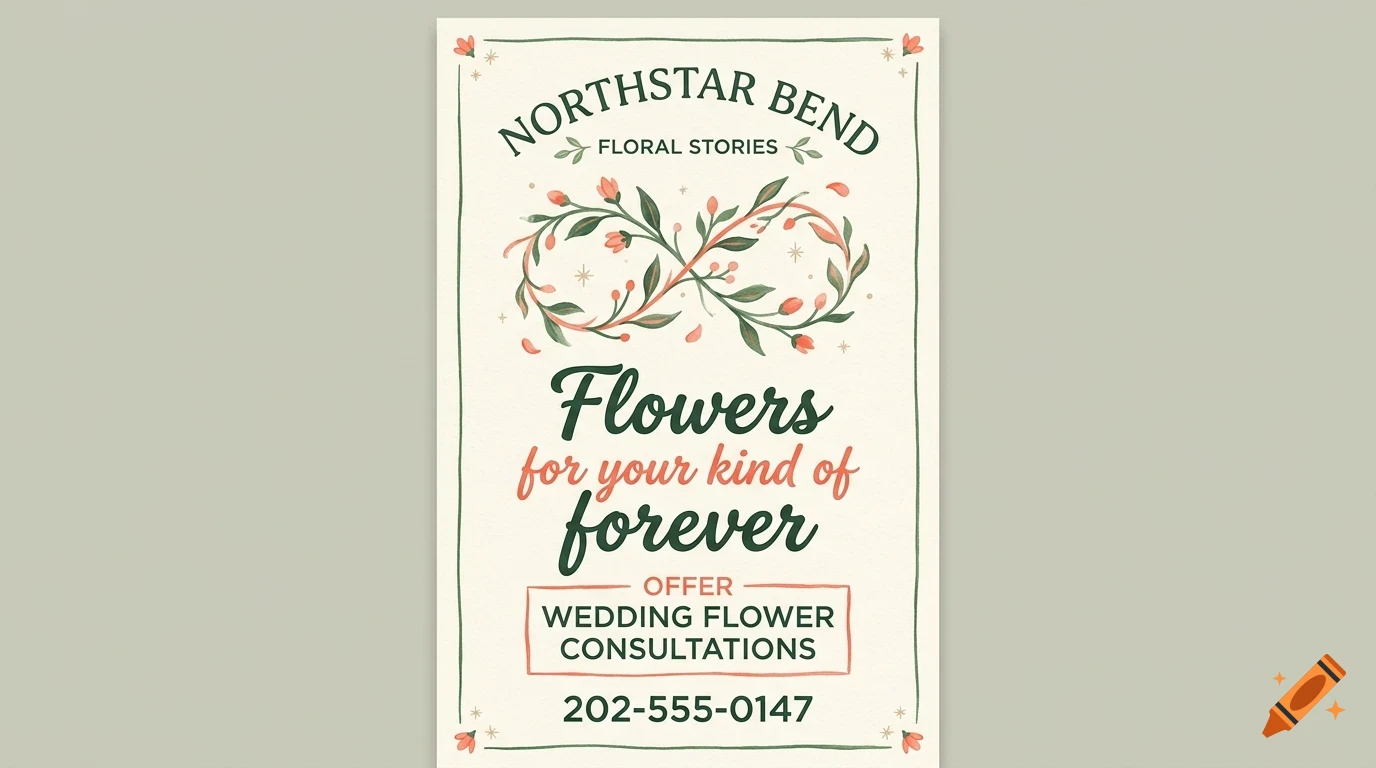 An illustrated vertical poster for Northstar Bend Floral Stories featuring botanical vines forming an infinity symbol and text about wedding flower consultations.