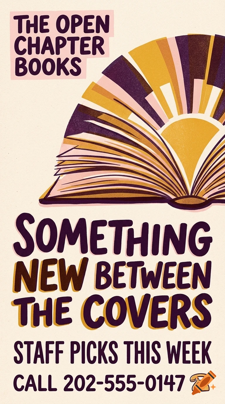 An illustrated poster for The Open Chapter Books showing an open book with fan-like pages and the text Something new between the covers.