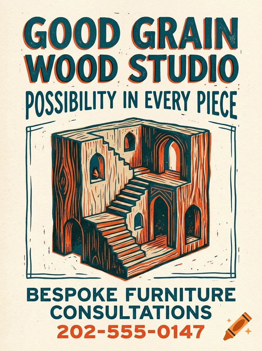 An illustrated poster for Good Grain Wood Studio featuring an impossible staircase design and text.