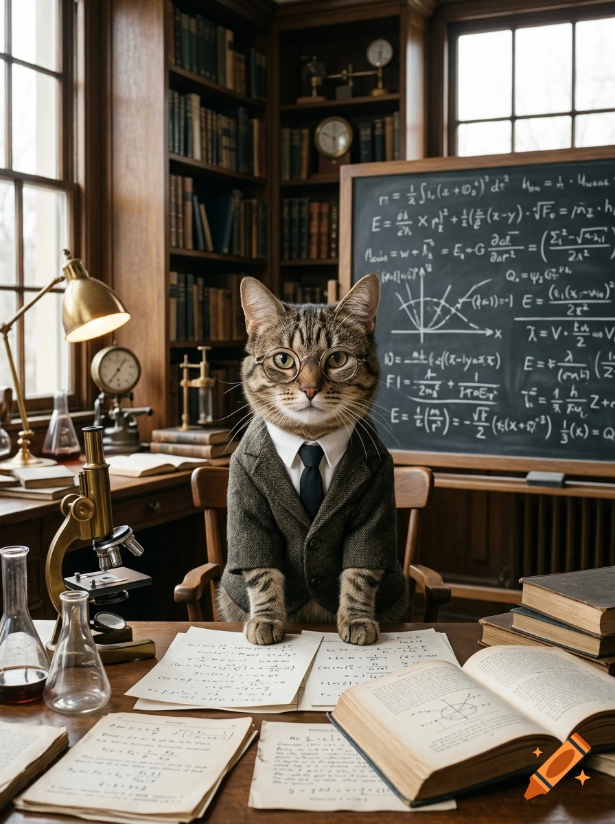 Photorealistic image of a tabby cat dressed as a physicist in a vintage study with a chalkboard of equations.