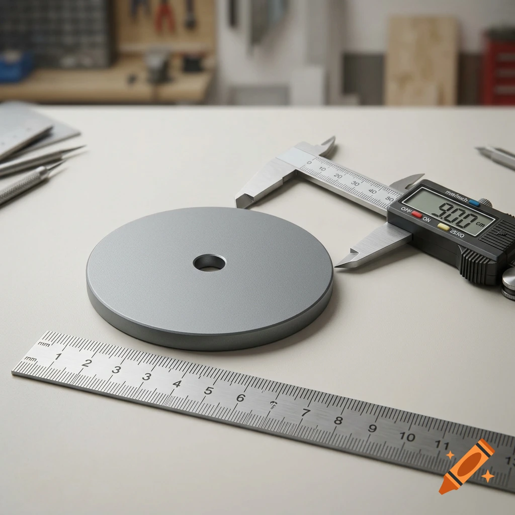 Photorealistic tabletop view of a metal disc, a metal ruler, and a digital caliper measuring 9 cm.