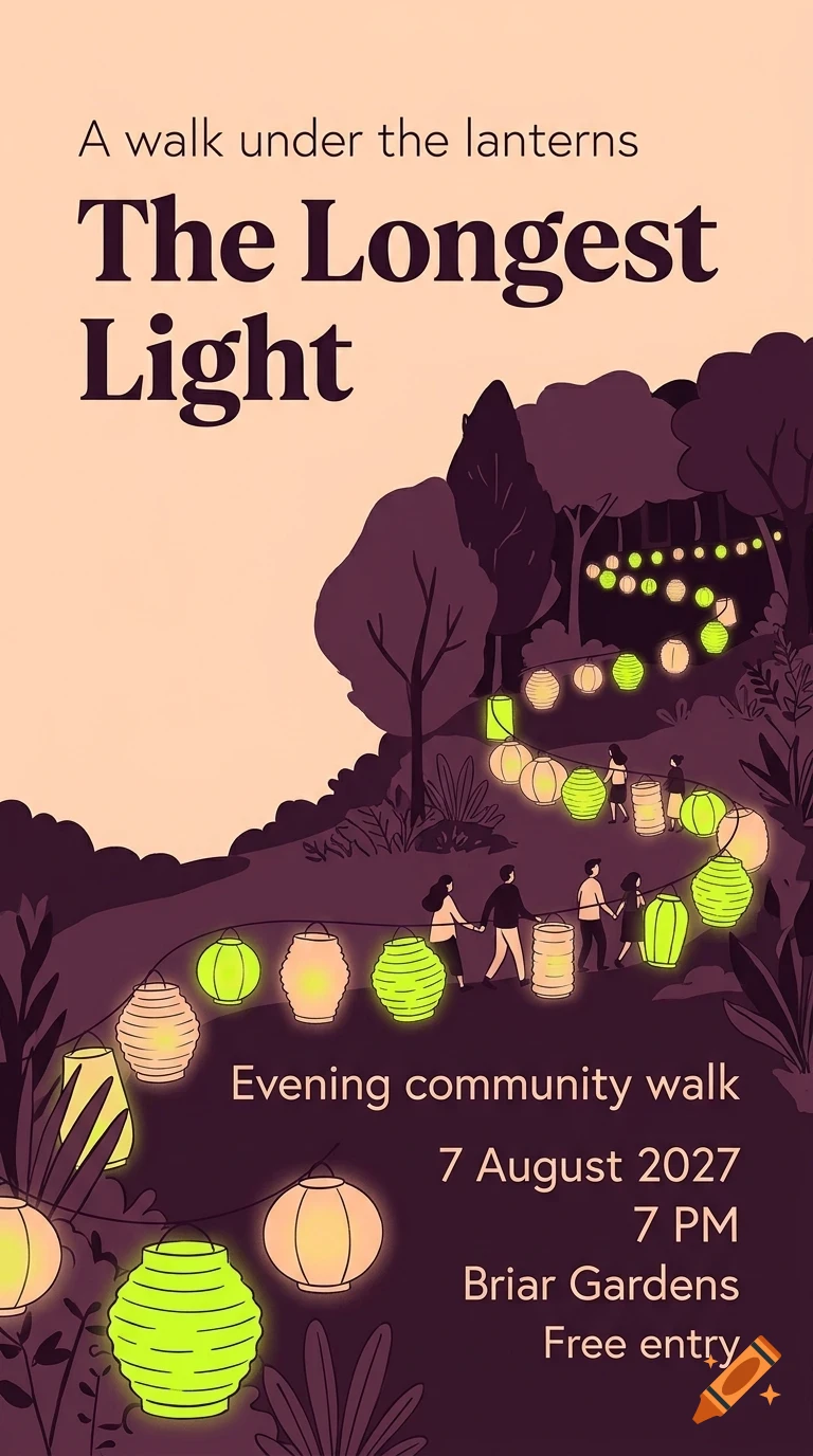 An illustration of people walking along a winding path lit by glowing lanterns under trees.