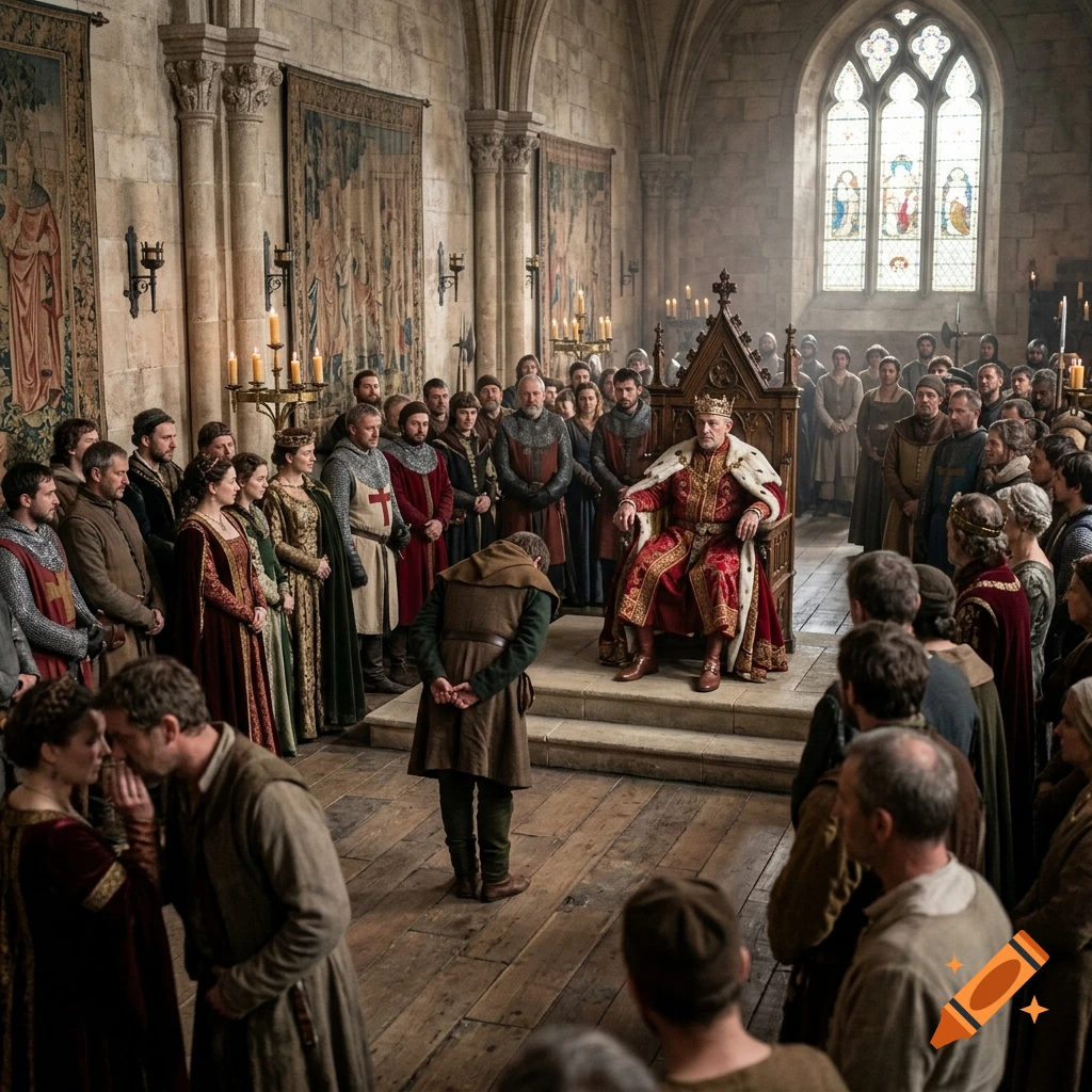A king seated on a decorated throne in a stone hall, surrounded by a crowd of people watching as one person bows.