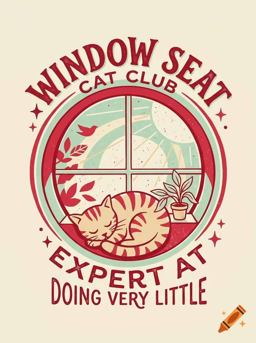 An illustrated badge featuring a sleeping striped cat on a windowsill with the text Window Seat Cat Club and Expert at doing very little.