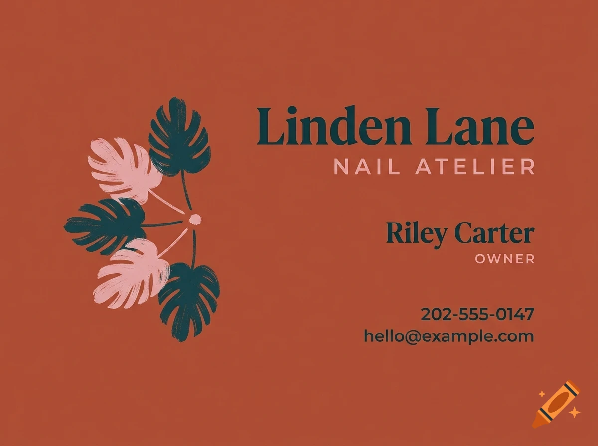 A business card with a reddish-brown background, featuring dark green and light pink monstera leaves on the left and business text on the right.