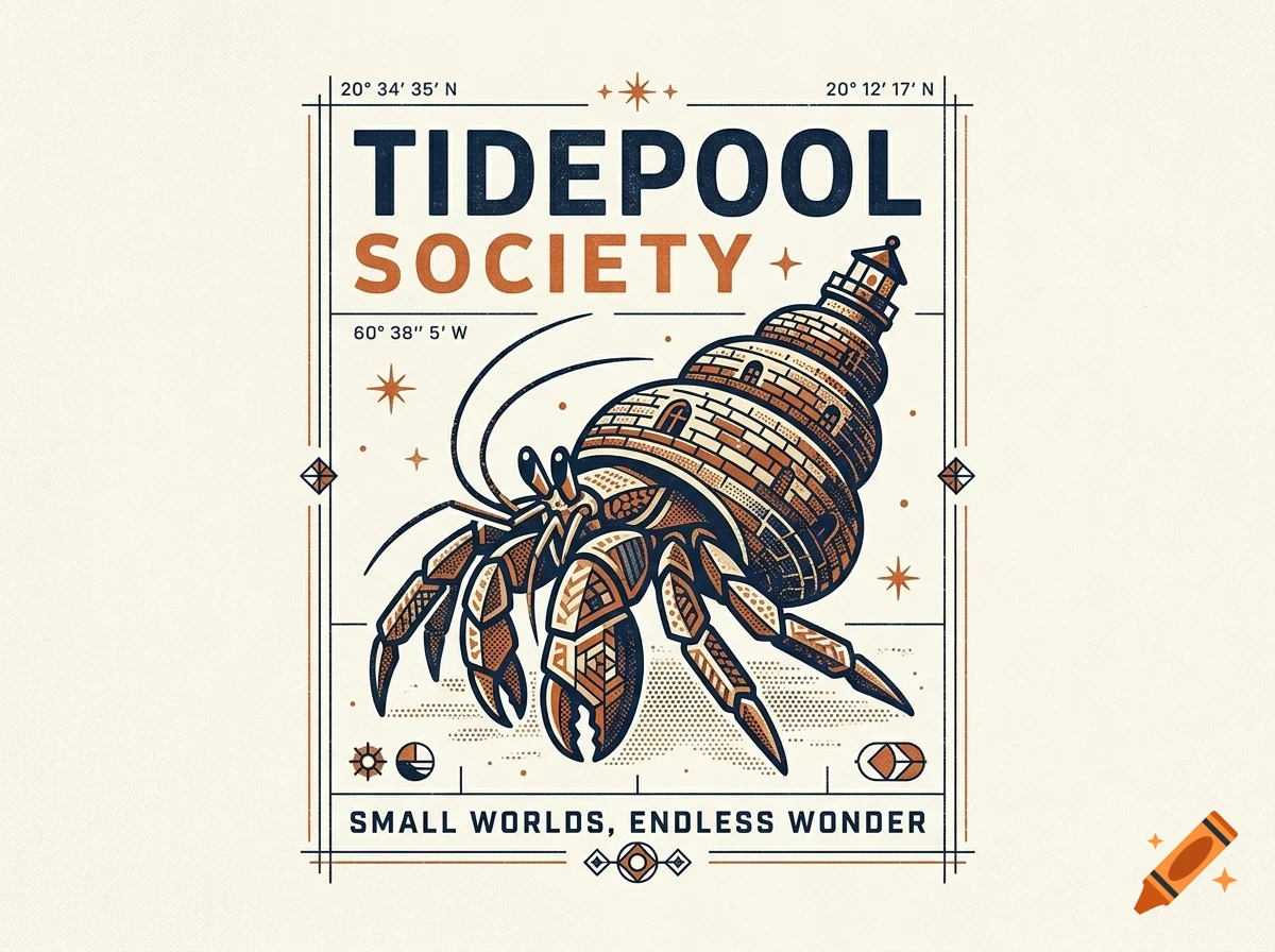 Illustration of a hermit crab with a lighthouse shell, framed by text reading TIDEPOOL SOCIETY and Small worlds, endless wonder.
