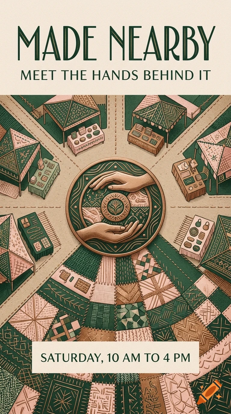 An illustrated poster with the text 'MADE NEARBY' and 'MEET THE HANDS BEHIND IT', featuring an overhead view of craft market stalls and hands cupping a central medallion.