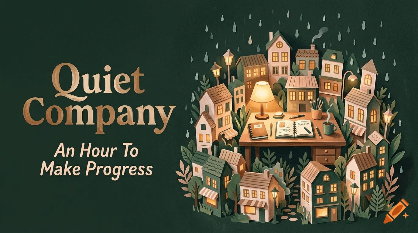 An illustrated desk with a lamp, open notebook, and mug, surrounded by miniature houses and greenery under falling raindrops, with the text 'Quiet Company An Hour To Make Progress'.