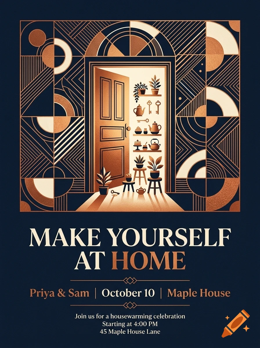 An Art Deco poster featuring an open doorway with shelves of tea sets and plants, surrounded by geometric patterns, with text reading "MAKE YOURSELF AT HOME".