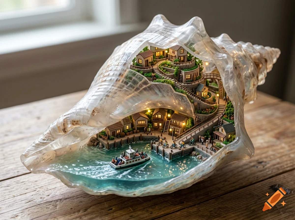 A detailed miniature village built inside a hollowed-out conch shell, featuring lit houses, winding pathways, and a small boat on a resin water surface.