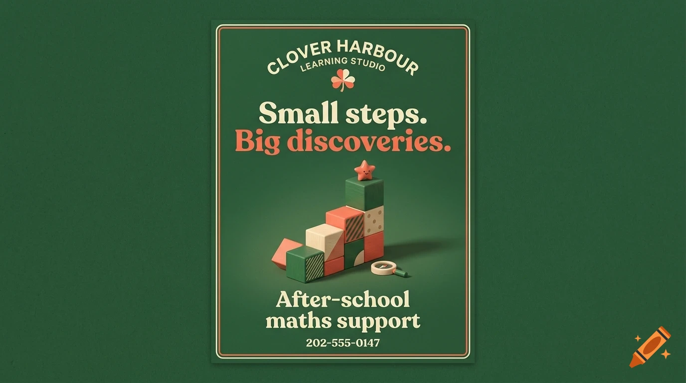 An advertisement for Clover Harbour Learning Studio with stacked blocks and text on a green background.