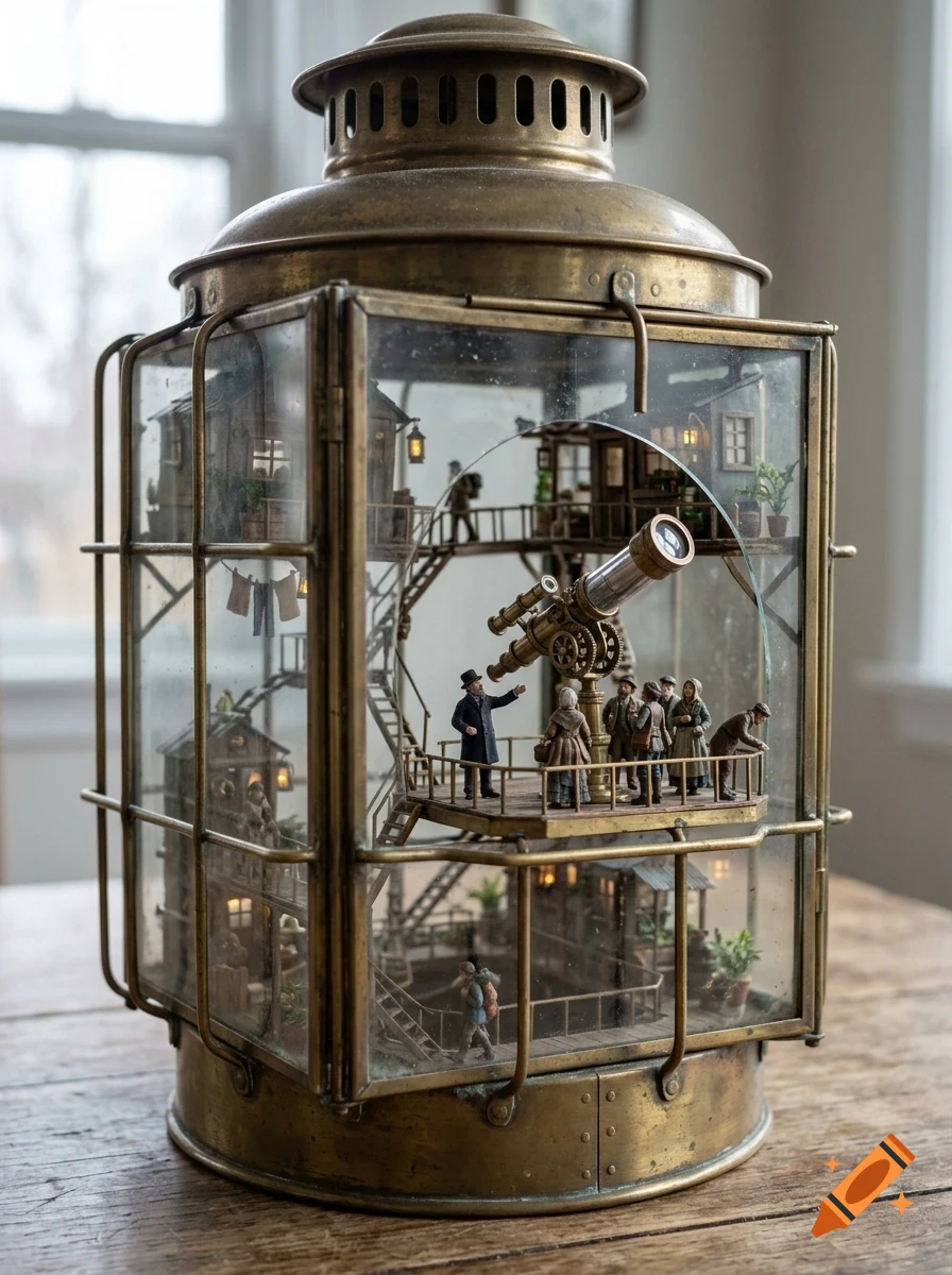 A detailed miniature world inside a brass lantern, featuring tiny houses, walkways, and miniature people gathered around a telescope.