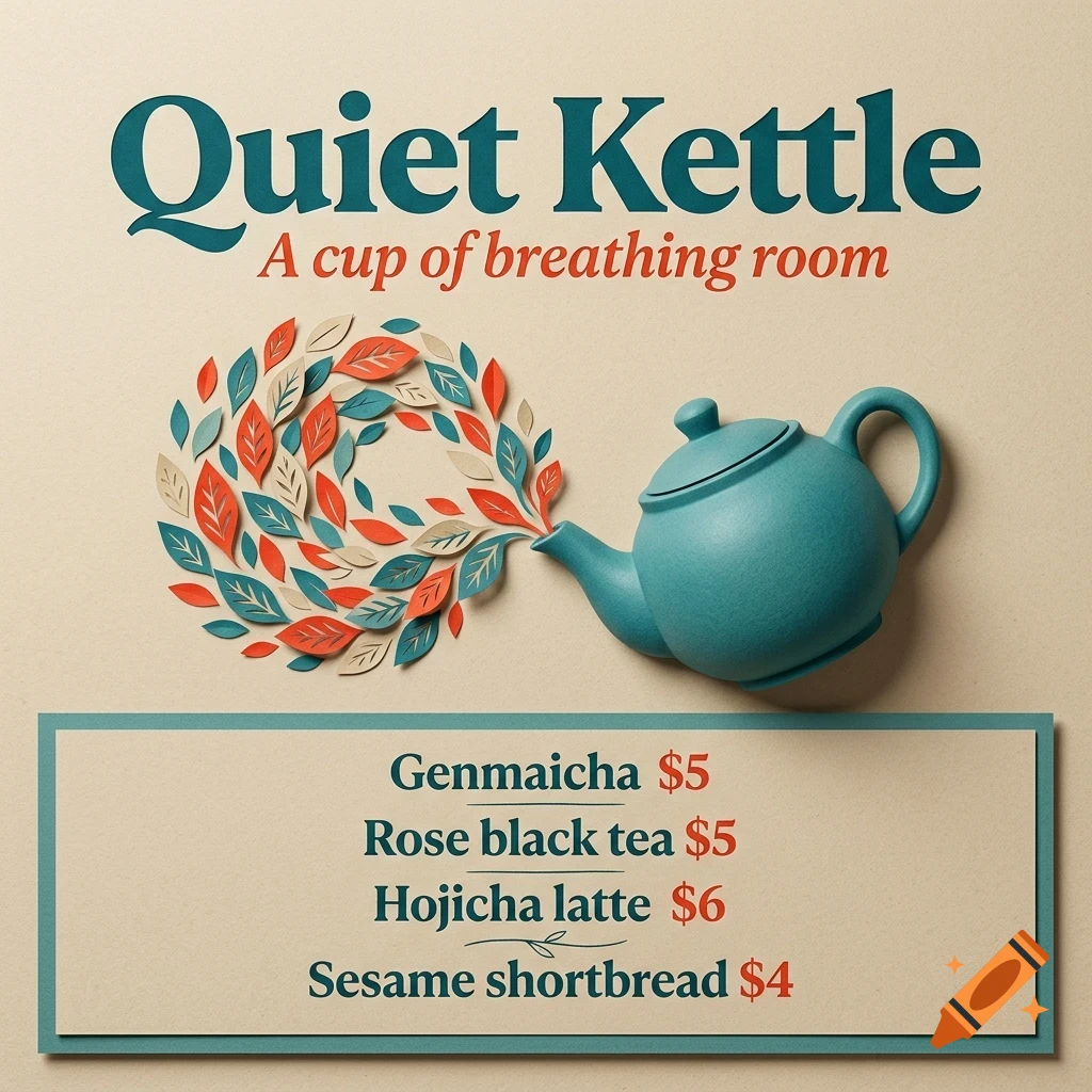A teal teapot pouring out a swirl of colored paper leaves with text reading Quiet Kettle above and a menu below.