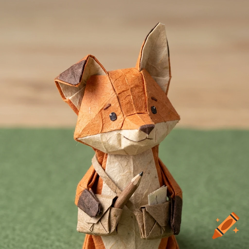 An origami-style fox figurine made of textured brown paper, holding a tiny pencil and wearing a satchel.