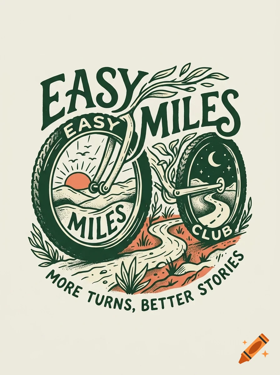 An illustrated green and cream graphic featuring a bicycle with wheels framing a sunrise and a moonlit road, surrounded by the text "Easy Miles Club" and "More turns, better stories".