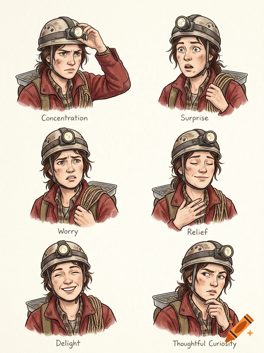 An illustrated character sheet showing a young woman wearing a caving helmet and jacket displaying six different emotions: concentration, surprise, worry, relief, delight, and thoughtful curiosity.