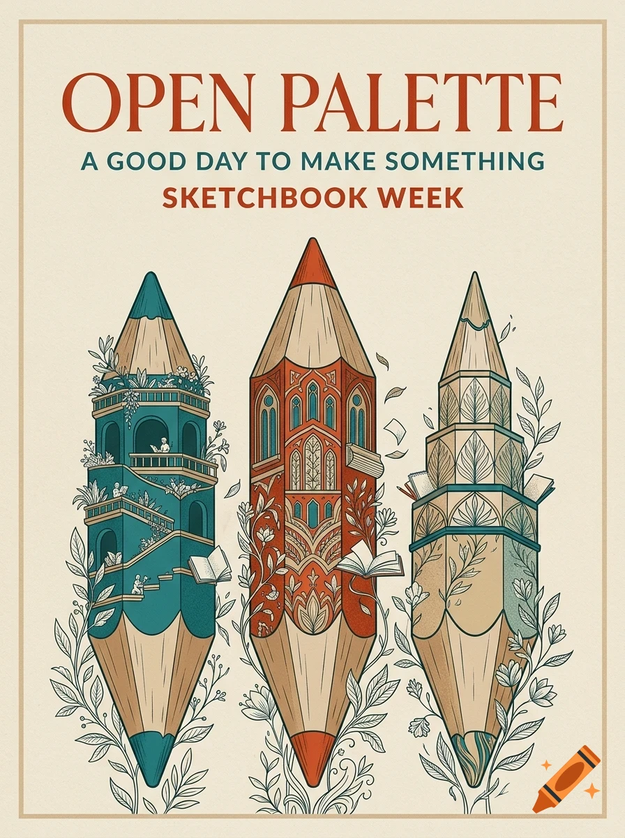 An illustrated poster featuring three large colored pencils designed like intricate towers surrounded by leafy vines and flying books, with the text 'OPEN PALETTE A GOOD DAY TO MAKE SOMETHING SKETCHBOOK WEEK' at the top.