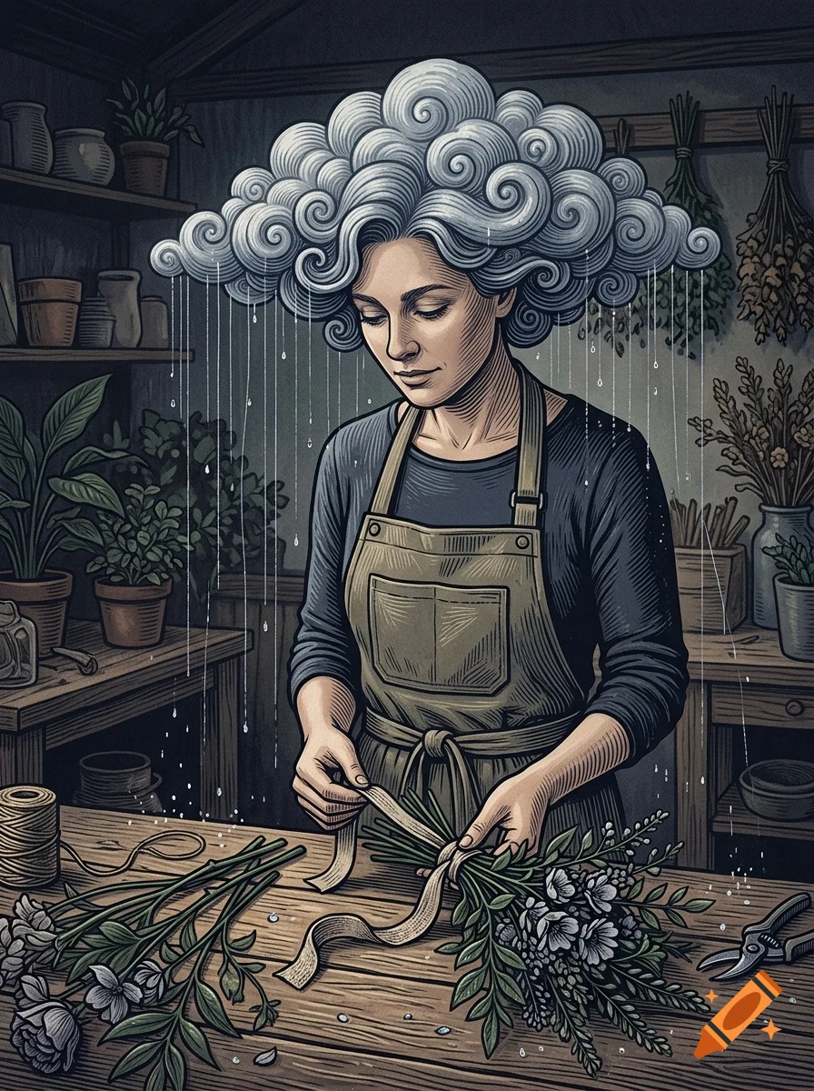 An illustration of a woman in an apron with curly cloud-like hair raining down, standing in a workshop tying a bouquet of flowers on a wooden table.