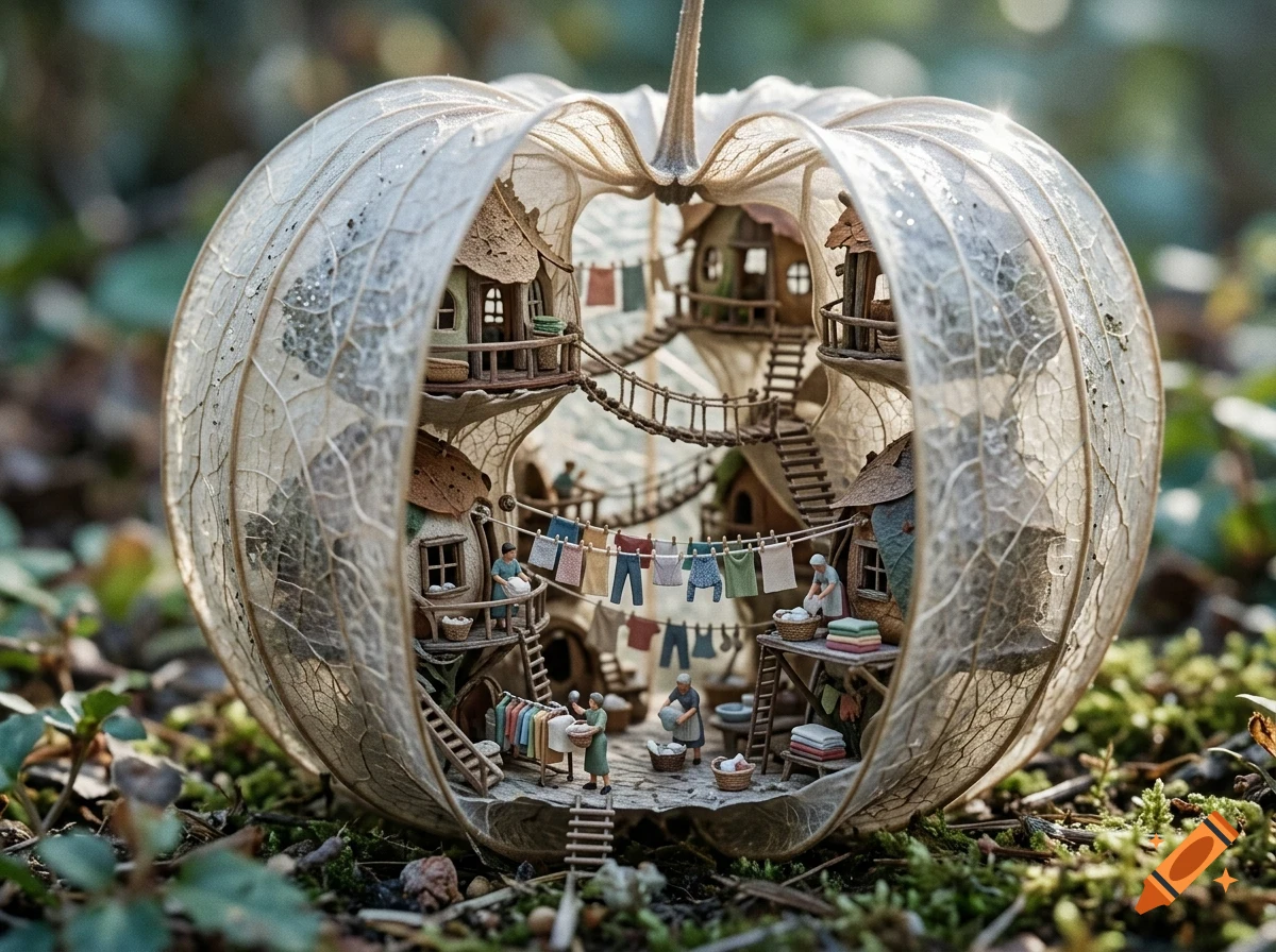 A miniature village built inside a hollowed-out dried husk, featuring tiny houses, bridges, and miniature figures doing laundry.